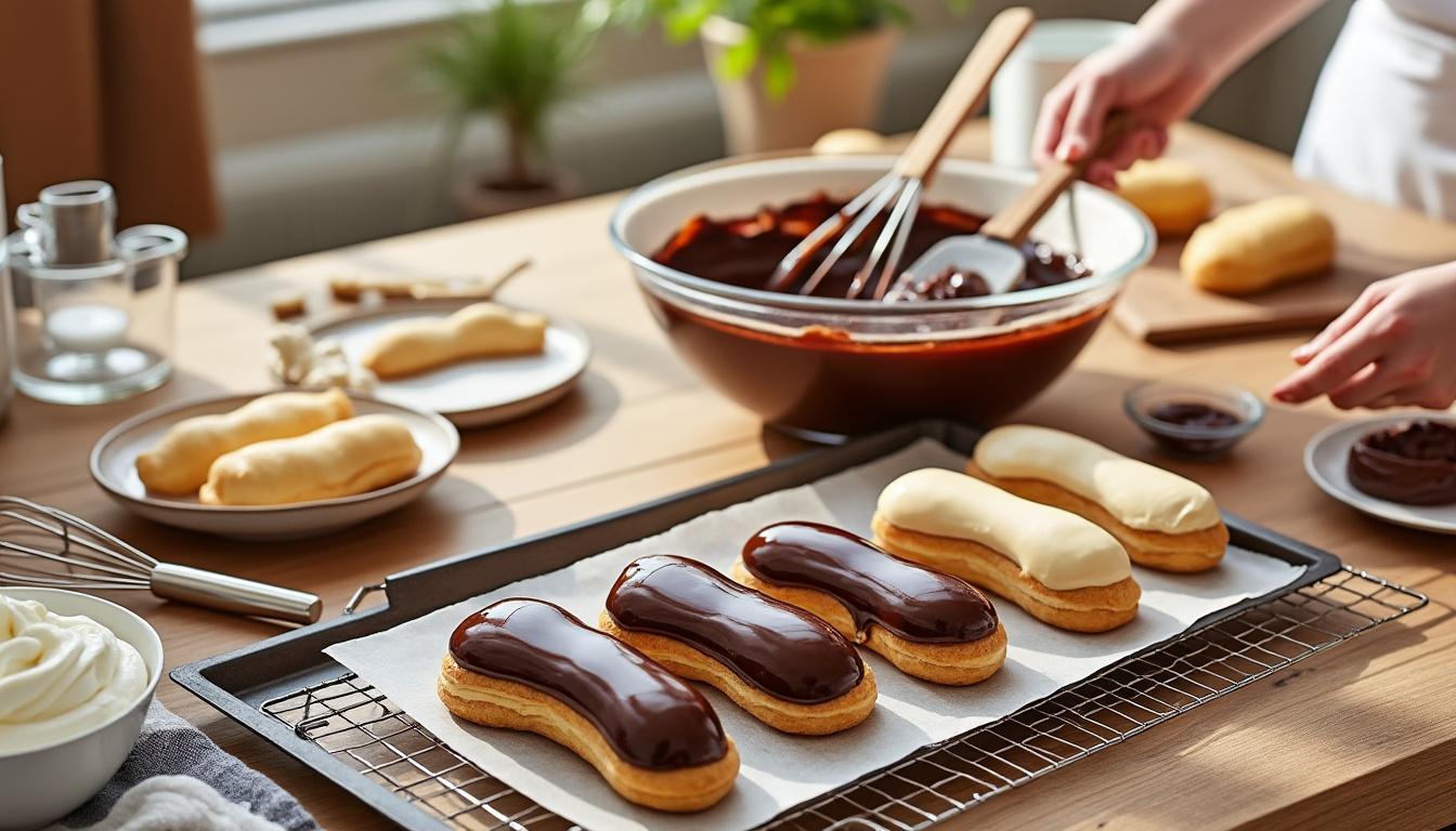 apprenez à préparer un éclair au chocolat délicieux et facile à réaliser chez vous grâce à notre recette étape par étape simple et rapide.