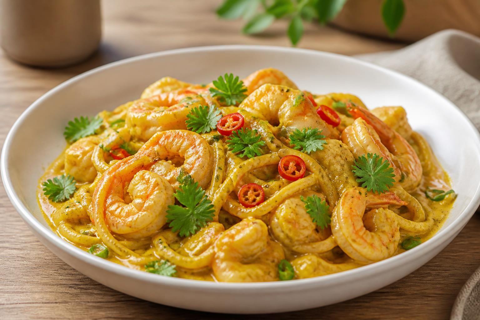 découvrez une recette savoureuse de nouilles chinoises aux crevettes, lait de coco et curry, pour un plat exotique relevé et plein de saveurs.