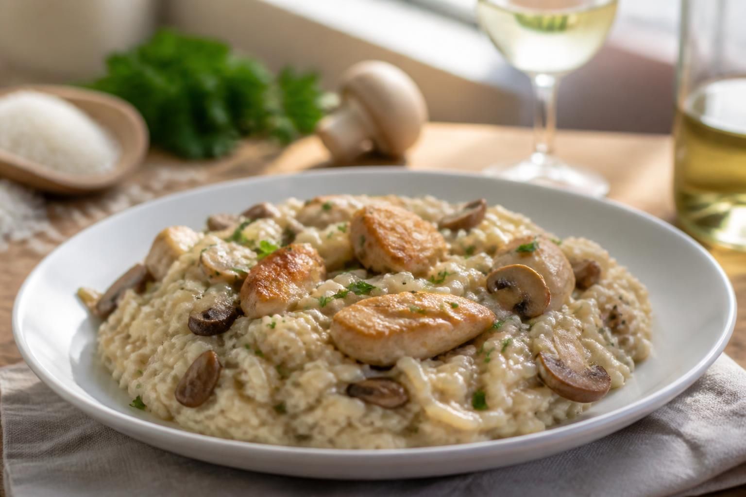 découvrez notre recette facile de risotto au poulet et champignons, crémeuse et savoureuse, à préparer avec ou sans vin blanc pour un plat réconfortant.