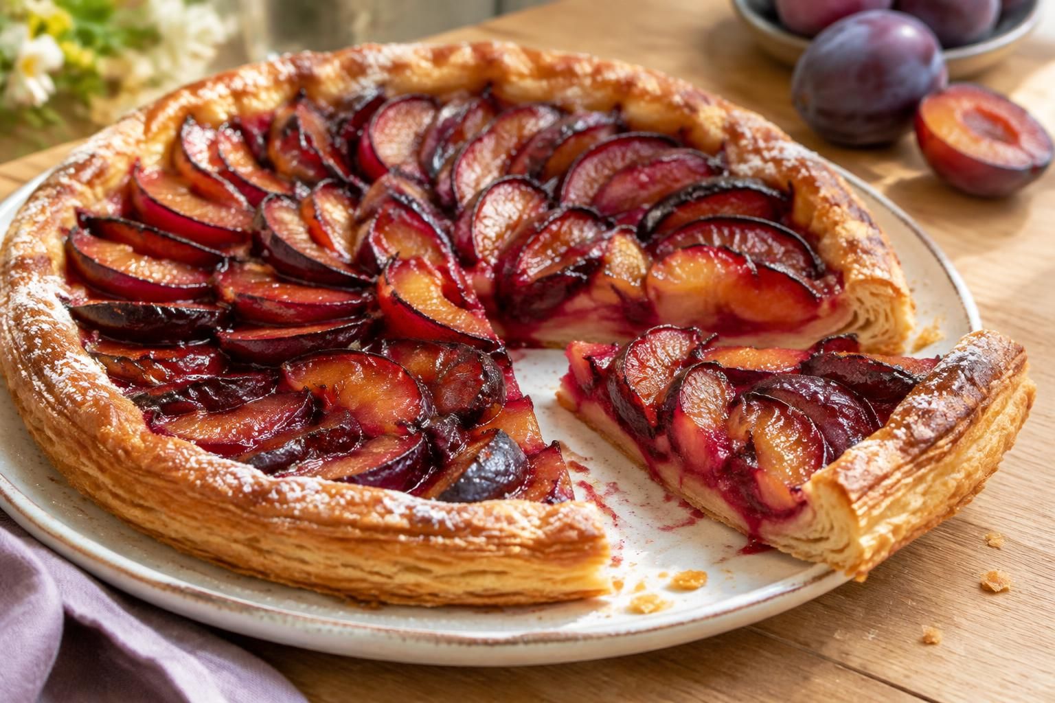 découvrez une tarte aux prunes sur pâte feuilletée, dorée et croustillante, garnie de fruits juteux pour un dessert simple, gourmand et de saison.